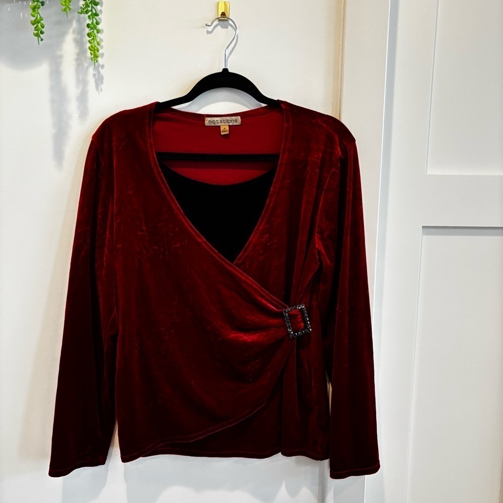 Notations Vintage Red Velvet Euro Long Sleeve Faux Wrap with Tank Women's Top XL